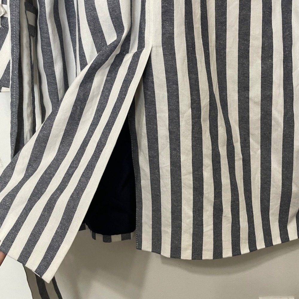 Navy Blue White Striped Double Breasted Trench Coat Jacket Belted Cuffs Large - Picture 5 of 8